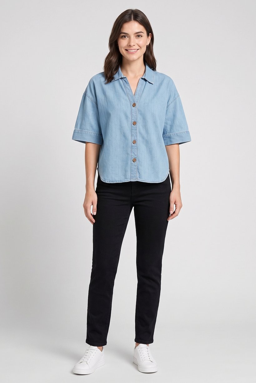 Women Regular Fit Washed 3/4 Sleeve Shirt, Light Blue