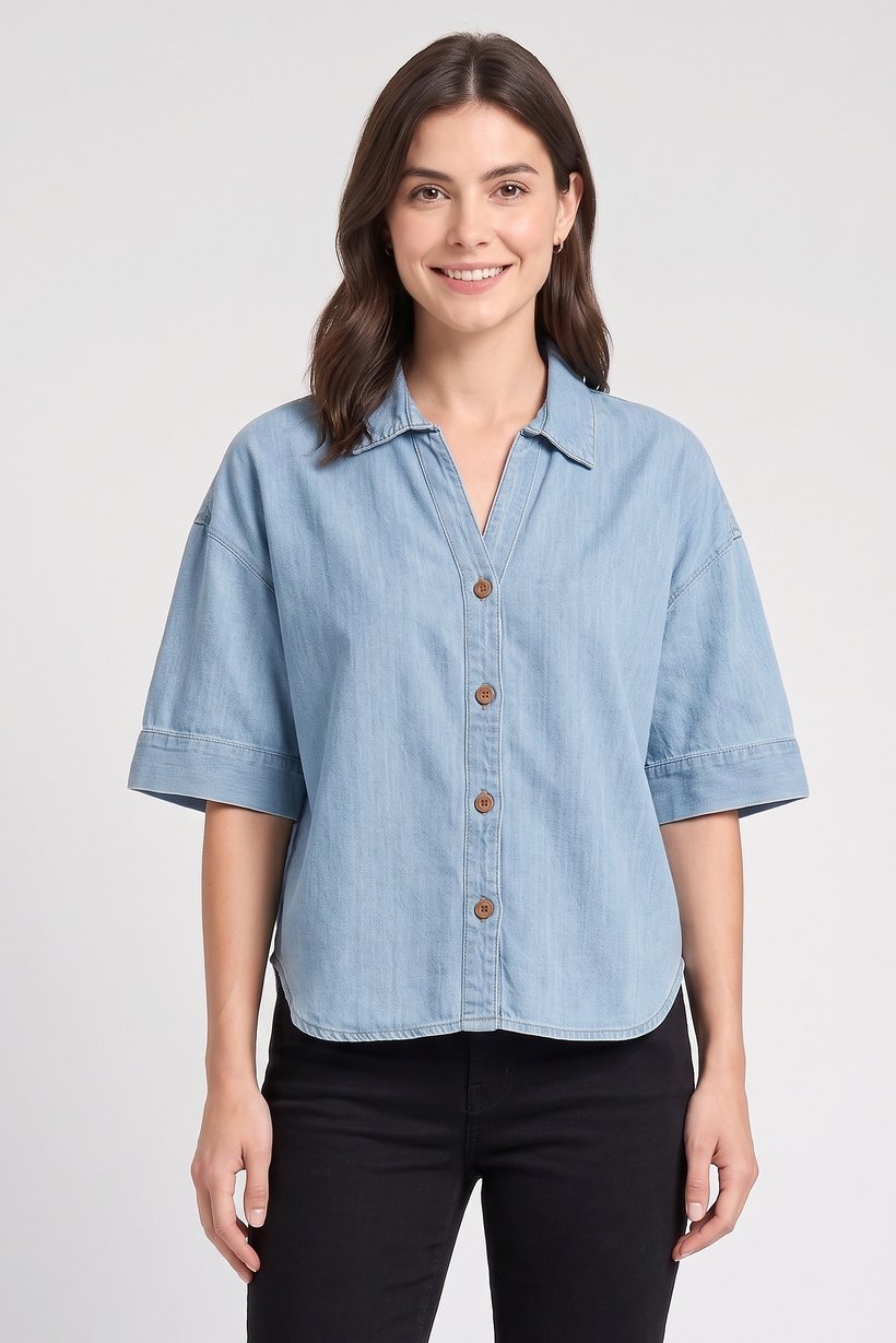 Women Regular Fit Washed 3/4 Sleeve Shirt, Light Blue