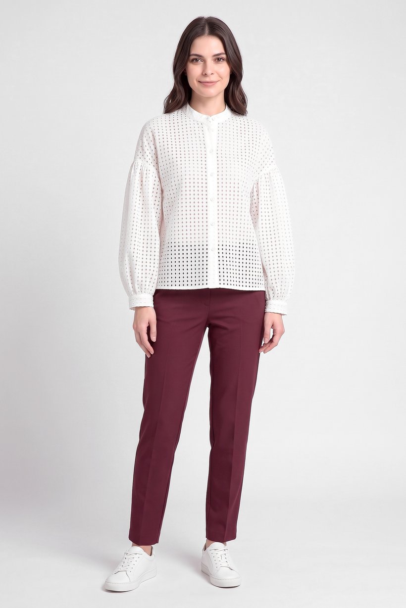 Women Round Neck Balloon Sleeve Eyelet Shirt, White
