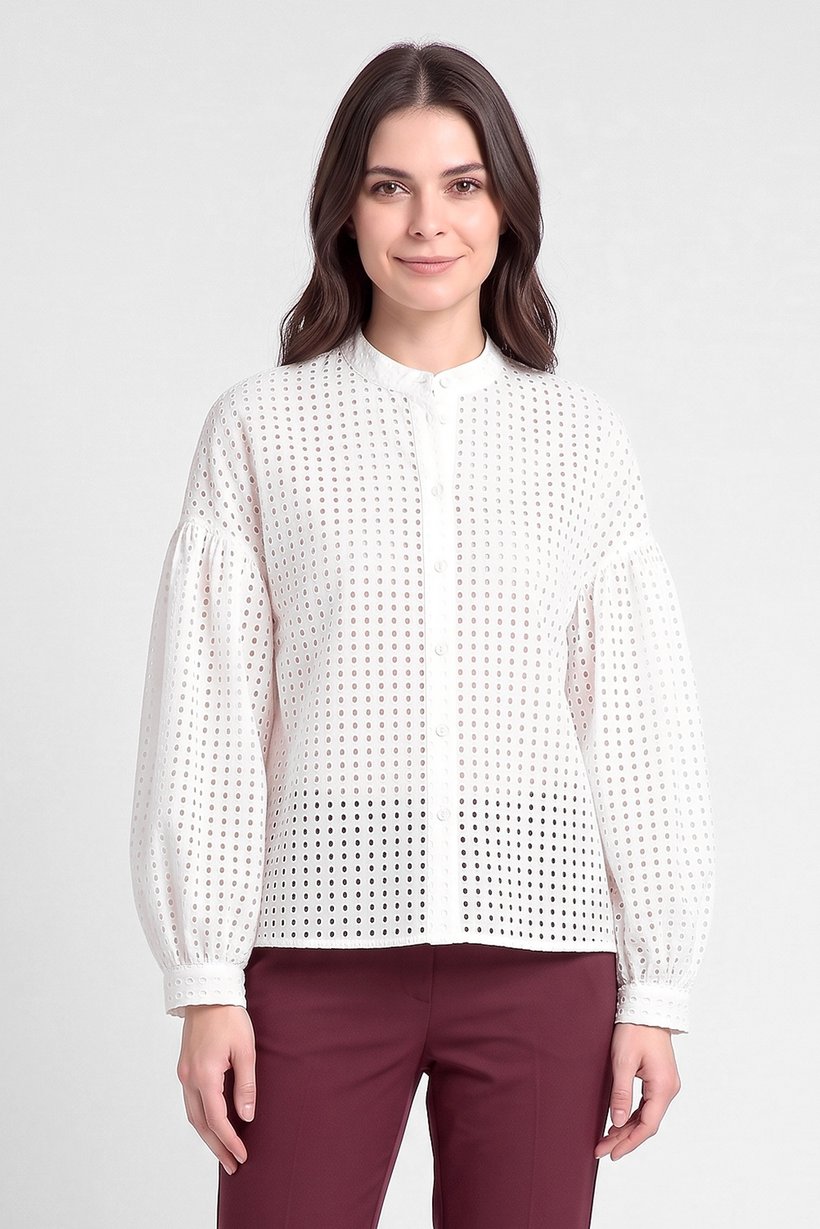 Women Round Neck Balloon Sleeve Eyelet Shirt, White