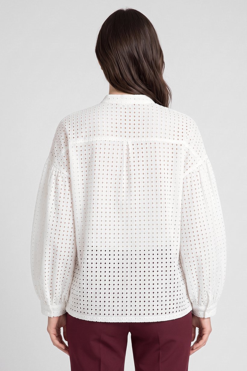 Women Round Neck Balloon Sleeve Eyelet Shirt, White