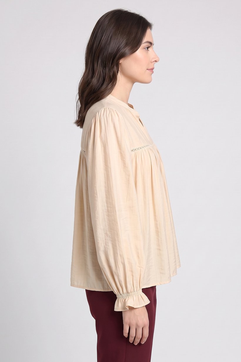 Women V- Neck Long Sleeve Textured Blouse, Beige