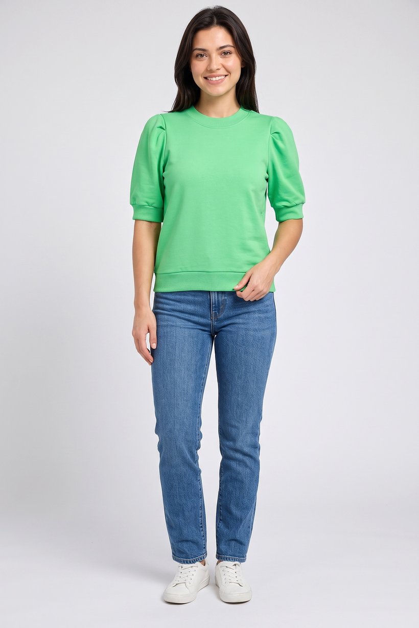 Women Crew Neck Balloon Sleeve Solid Top, Green