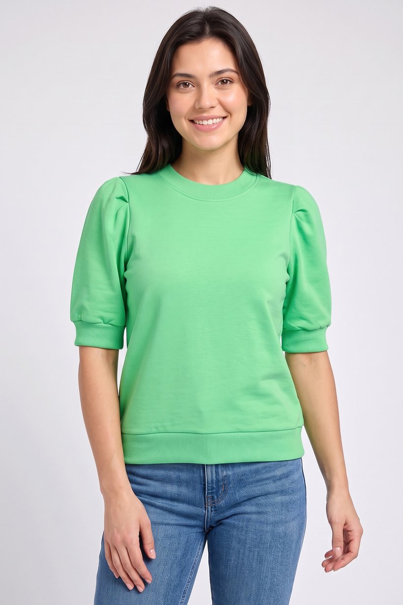 Women Crew Neck Balloon Sleeve Solid Top, Green