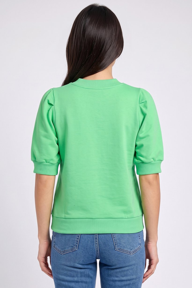 Women Crew Neck Balloon Sleeve Solid Top, Green