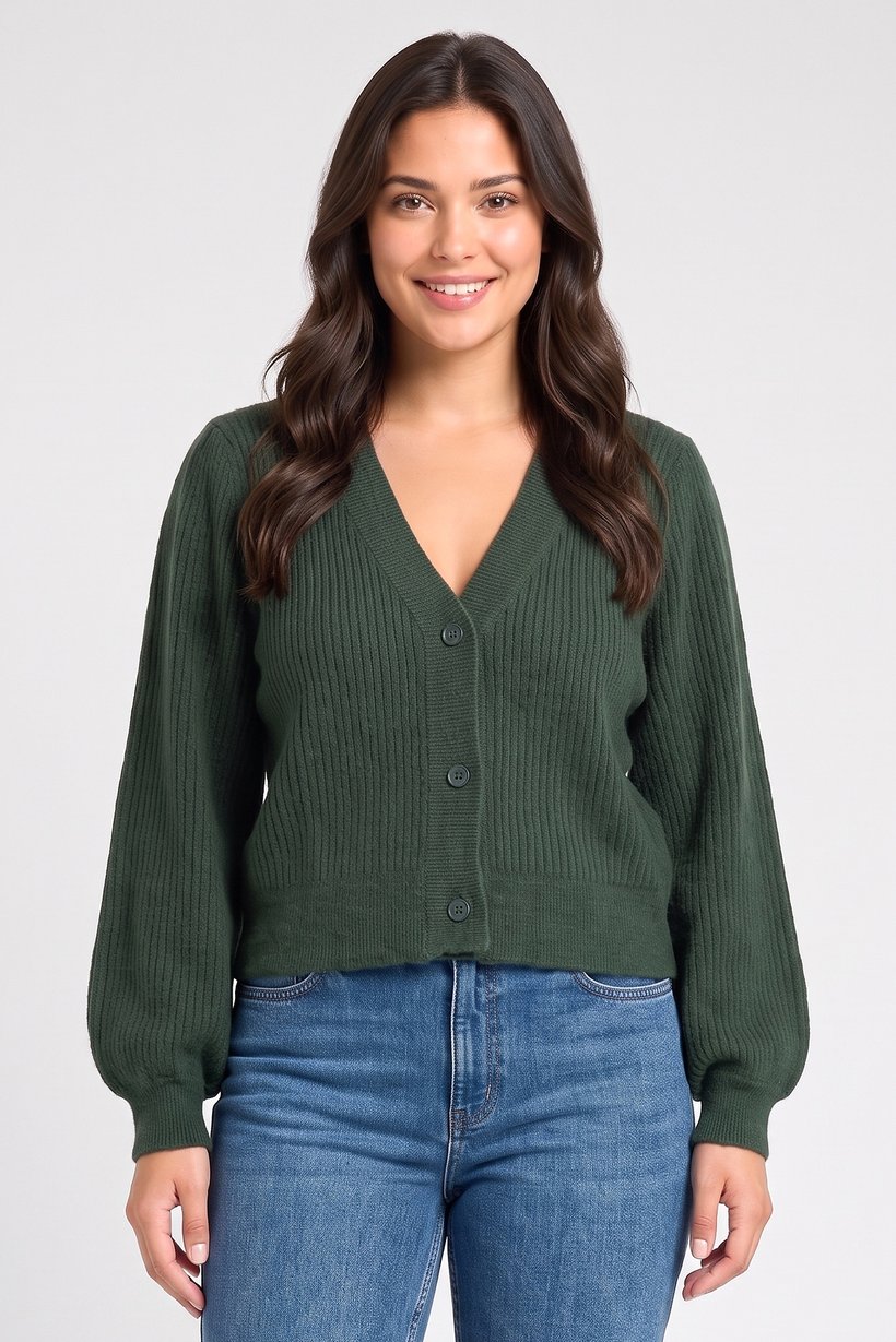 Women V-Neck Knitted Cardigan, Green