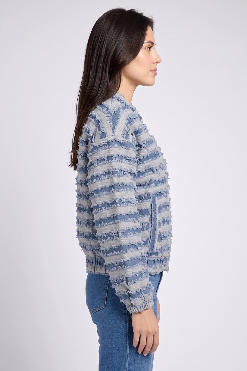 Women Textured Denim Jacket, Washed Blue