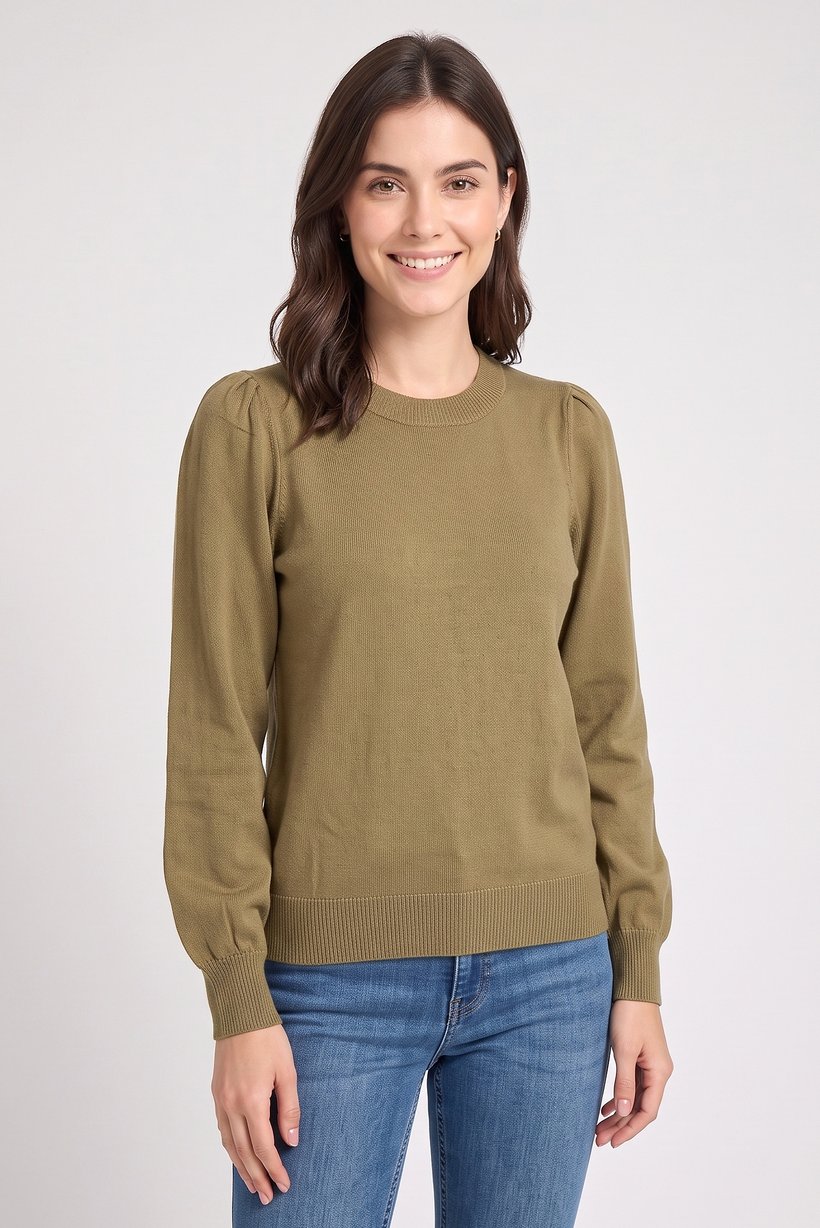 Women Crew Neck Knitted Sweater, Olive