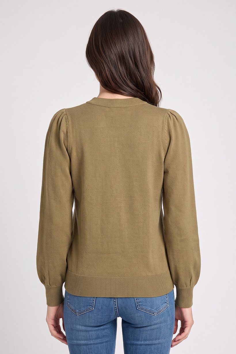 Women Crew Neck Knitted Sweater, Olive