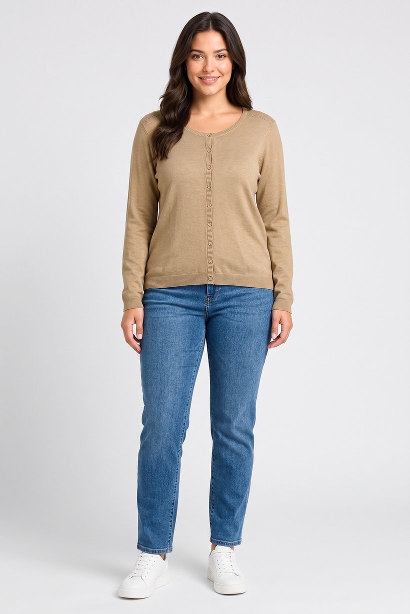 Women Round Neck Knitted Cardigan, Olive