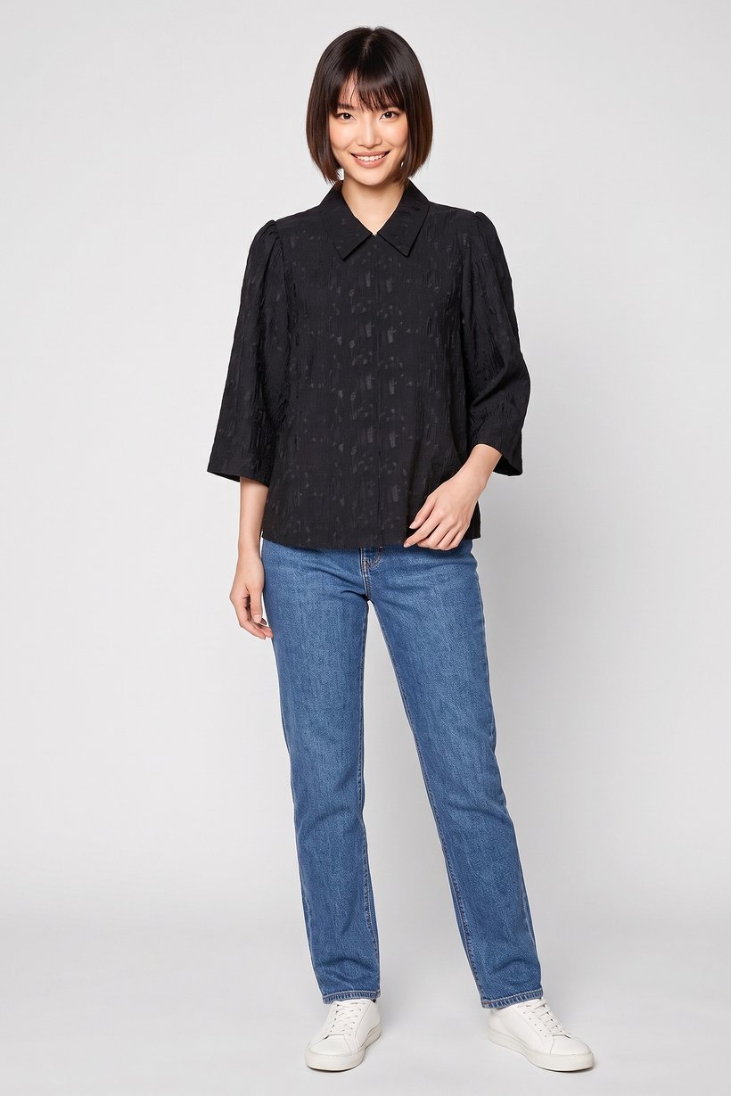 Women Spread Collar Long Sleeve Textured Blouse, Black