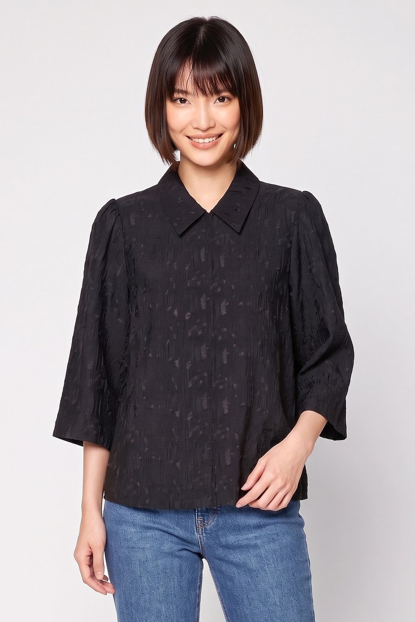 Women Spread Collar Long Sleeve Textured Blouse, Black