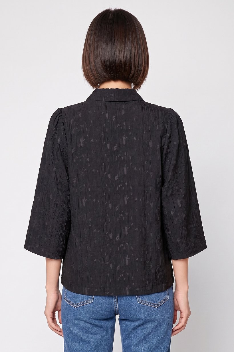 Women Spread Collar Long Sleeve Textured Blouse, Black