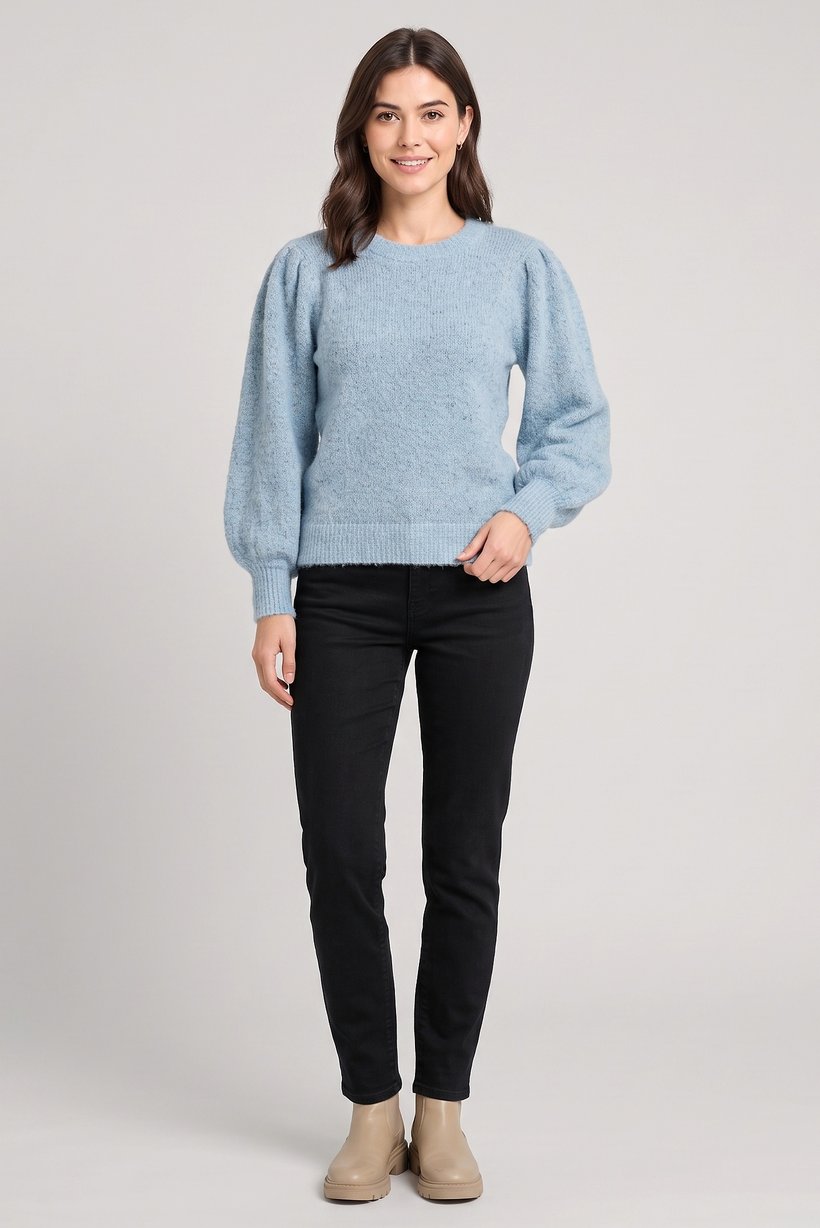 Women Crew Neck Textured Sweater, Light Blue