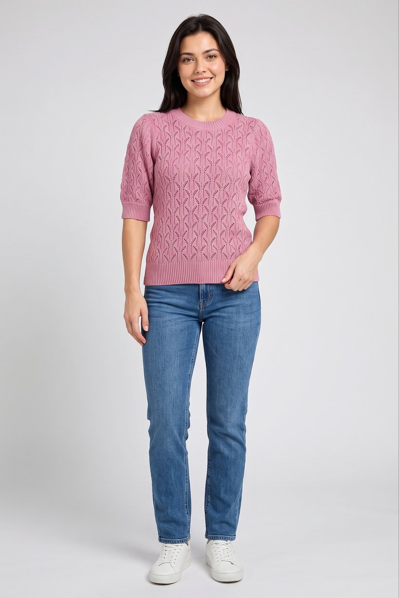 Women Crew Neck Knitted Sweater, Pink
