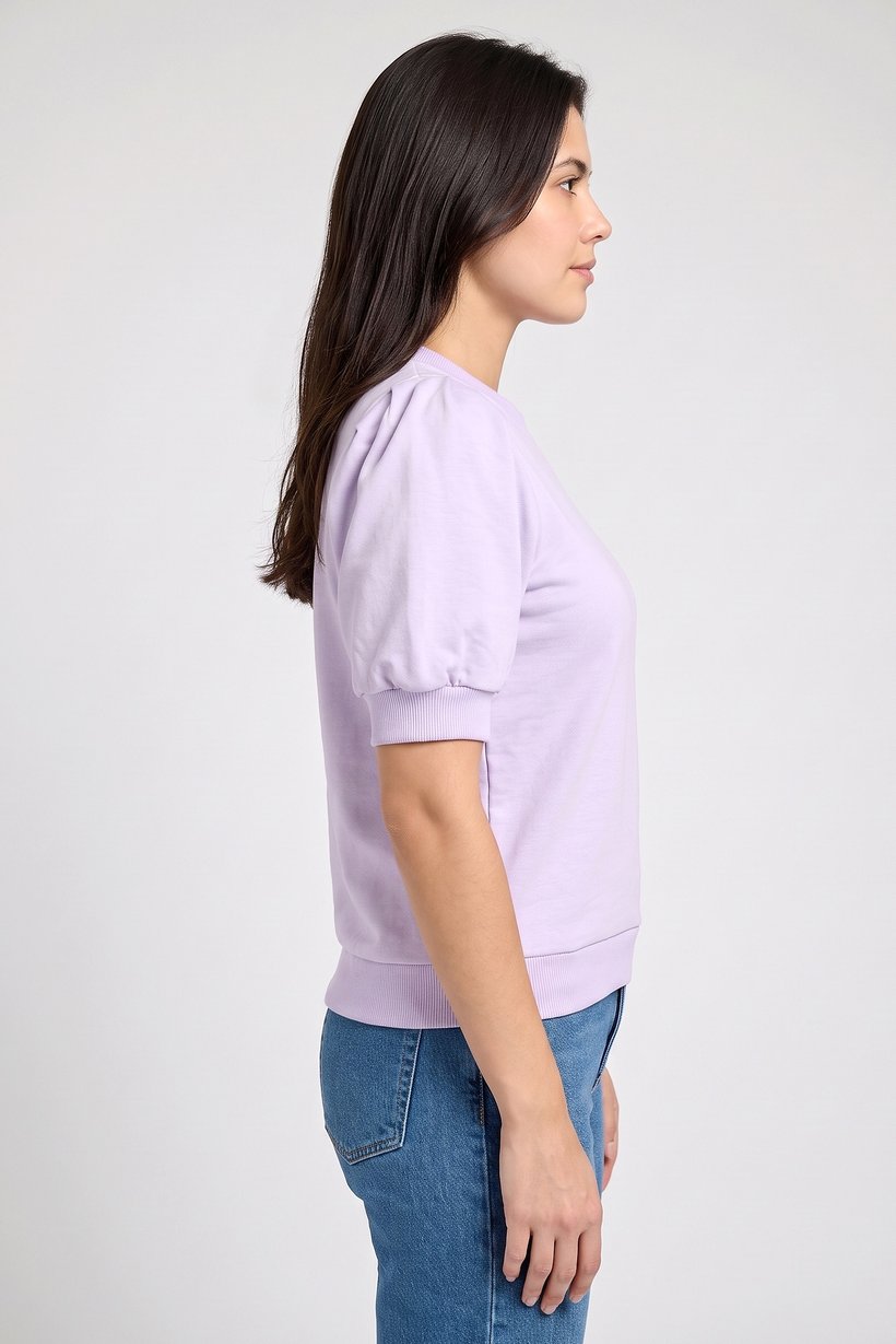 Women Crew Neck Puffed Sleeve Plain Top, Lilac