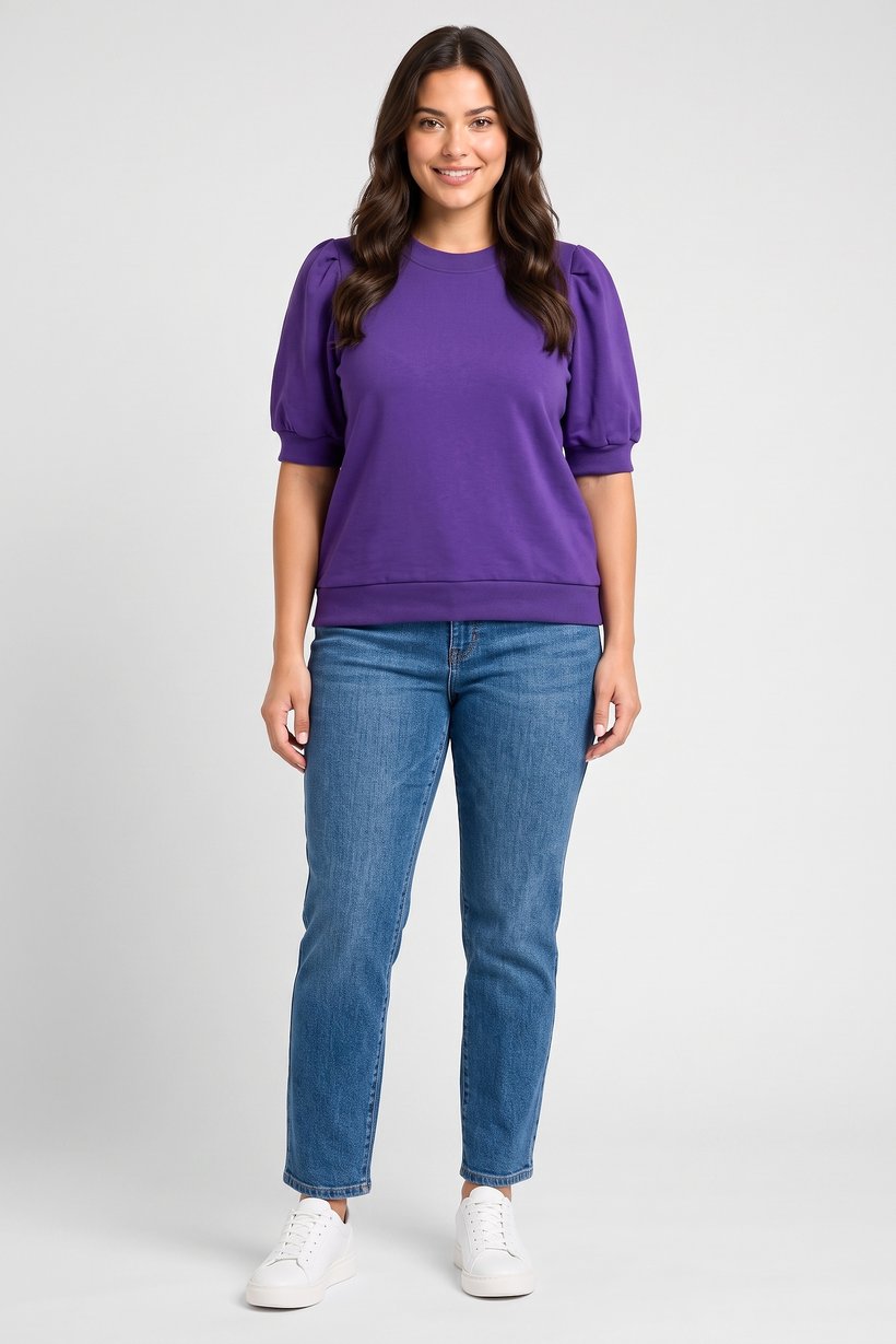 Women Crew Neck Balloon Sleeve Solid Top, Purple