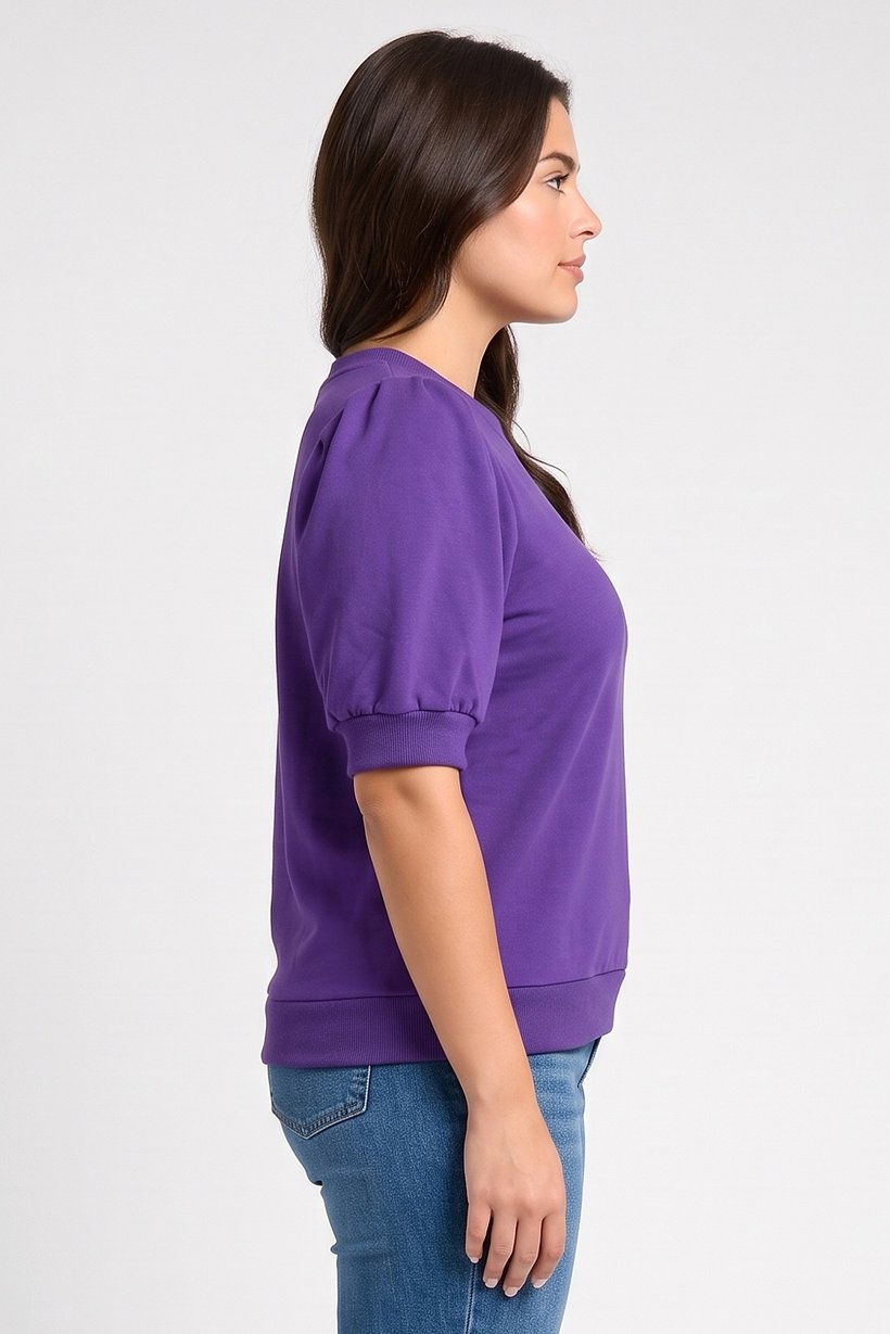 Women Crew Neck Balloon Sleeve Solid Top, Purple
