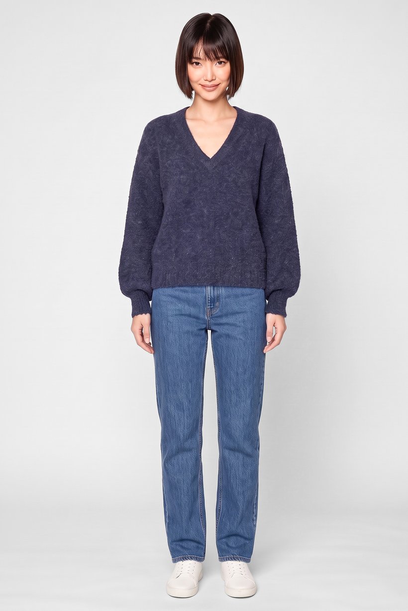 Women V-Neck Knitted Sweater, Navy Blue