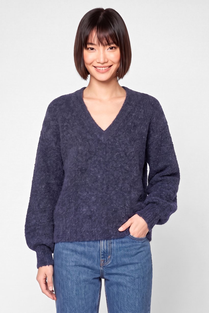 Women V-Neck Knitted Sweater, Navy Blue