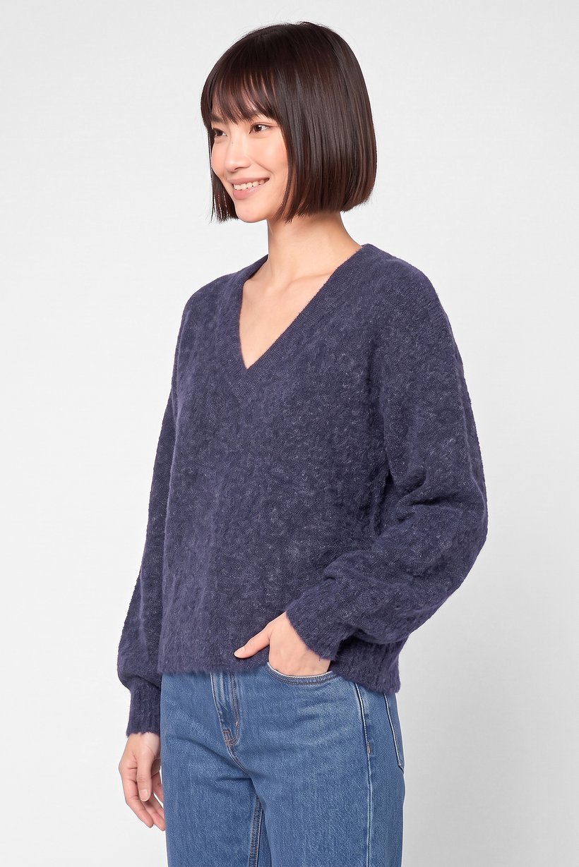 Women V-Neck Knitted Sweater, Navy Blue