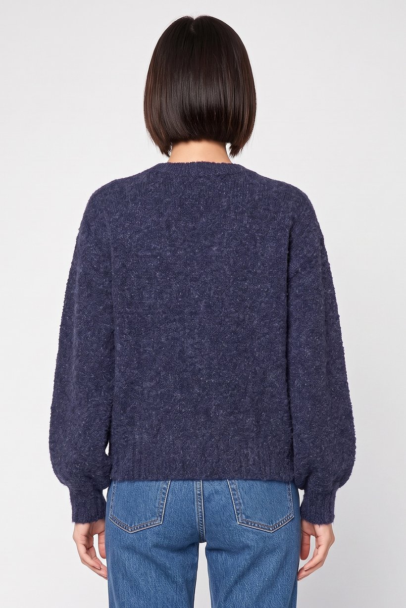 Women V-Neck Knitted Sweater, Navy Blue