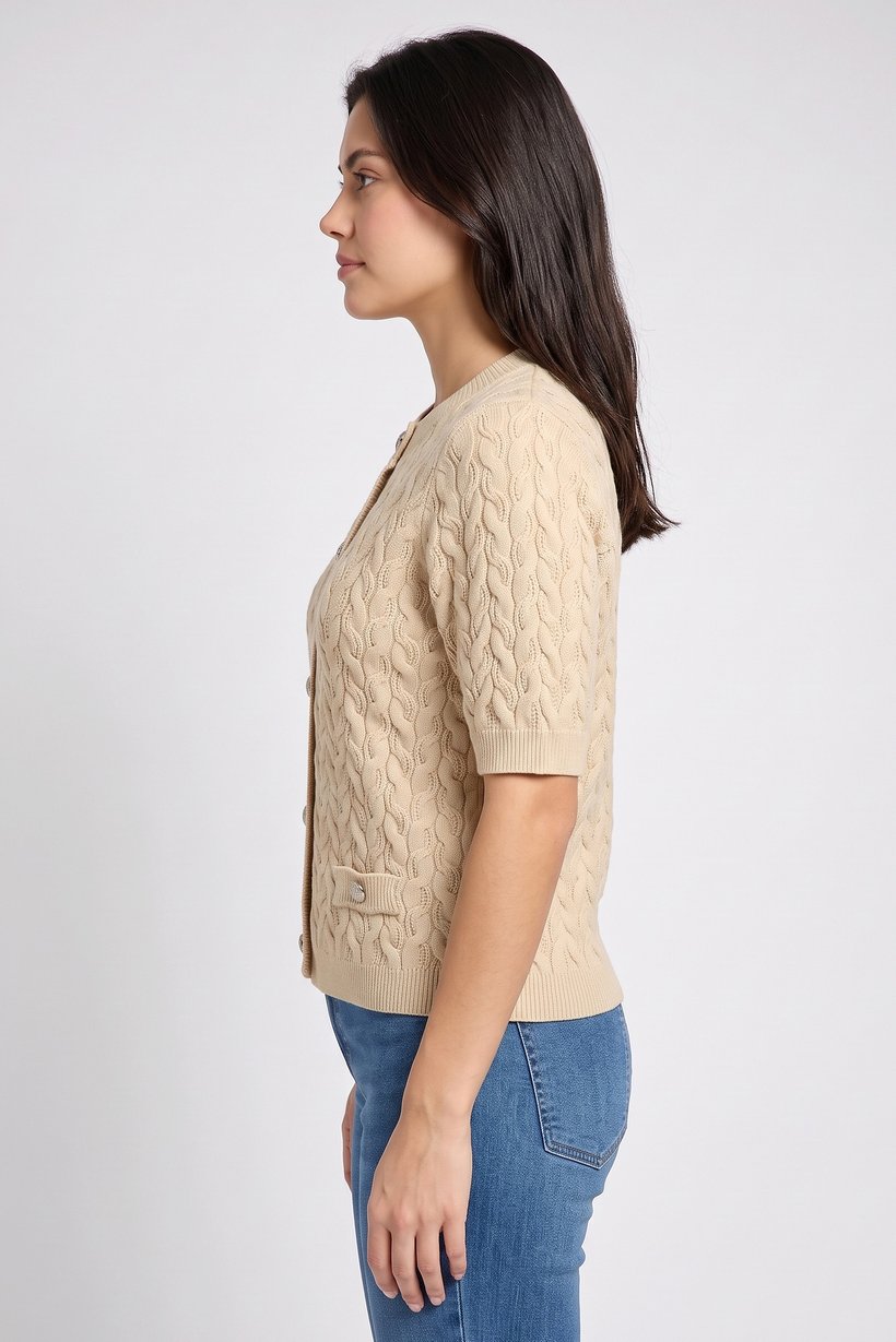 Women Crew Neck Textured Cardigan, Dark Beige