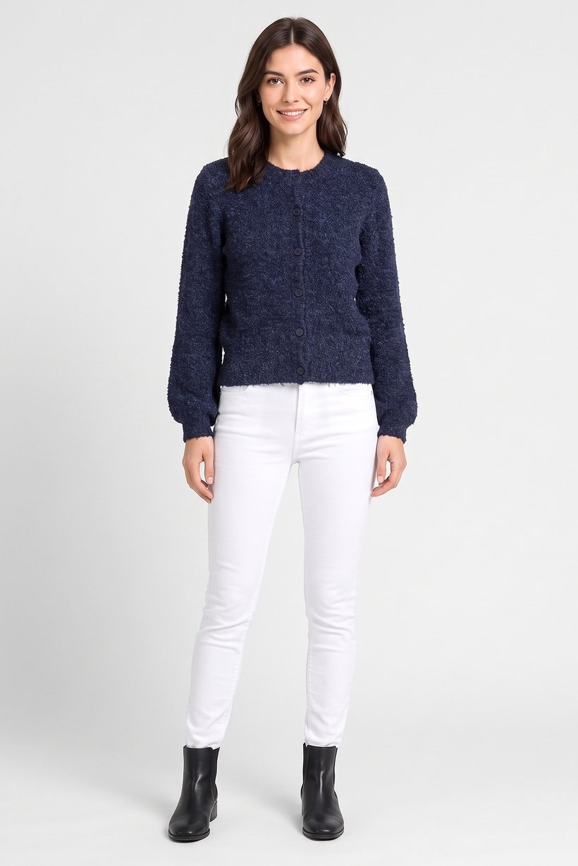 Women Crew Neck Textured Cardigan, Navy Blue