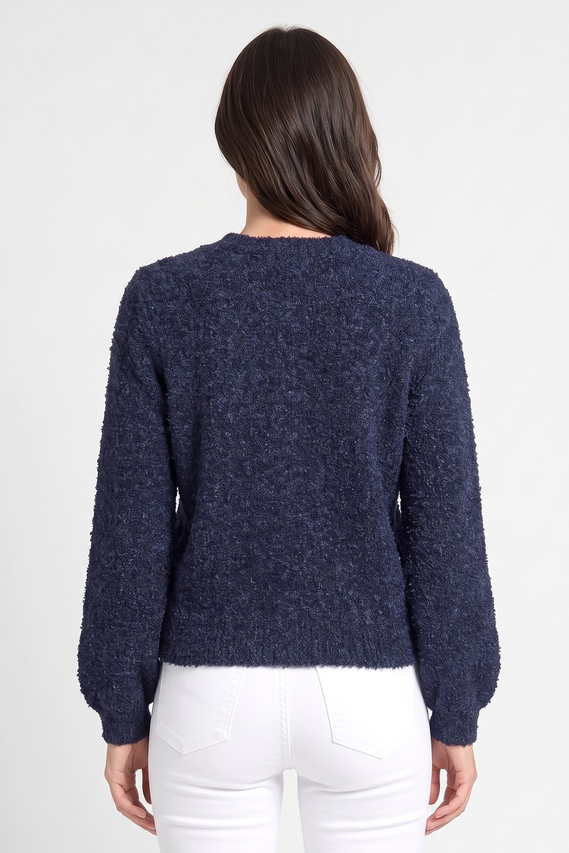 Women Crew Neck Textured Cardigan, Navy Blue