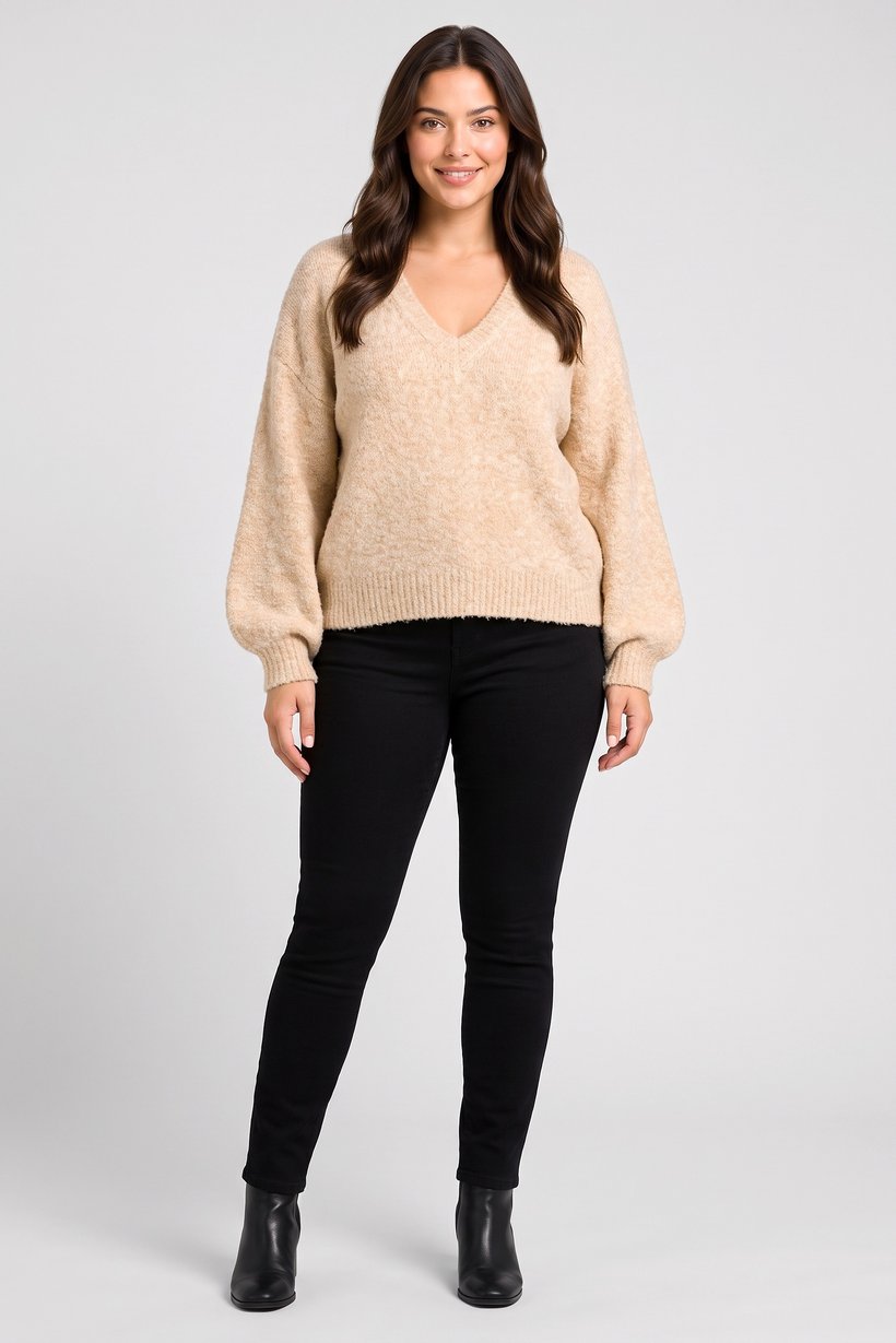 Women V-Neck Knitted Sweater, Tan