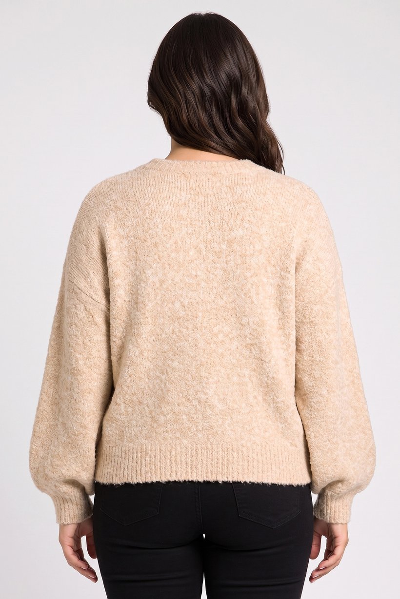 Women V-Neck Knitted Sweater, Tan