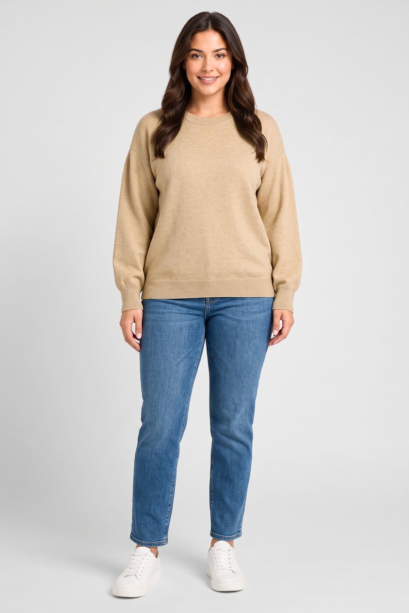 Women Crew Neck Long Sleeve Knitted Sweater, Beige