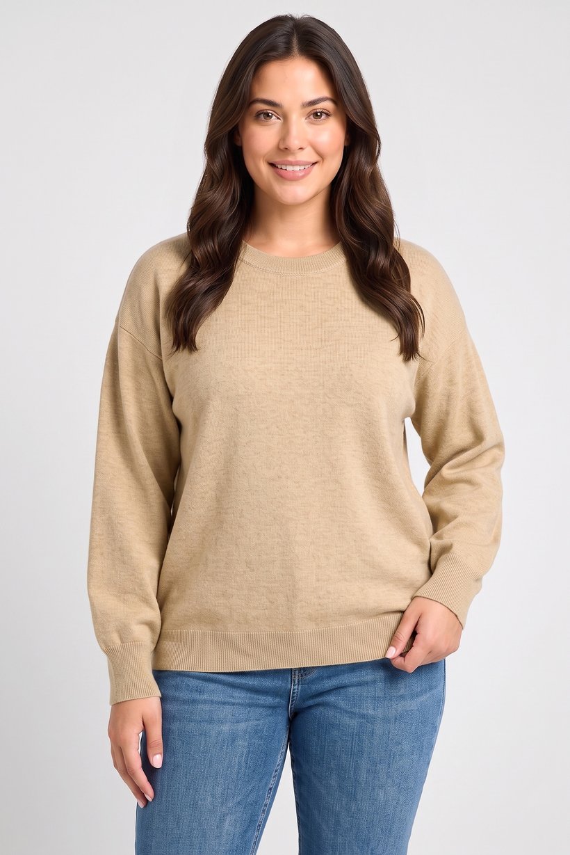 Women Crew Neck Long Sleeve Knitted Sweater, Beige