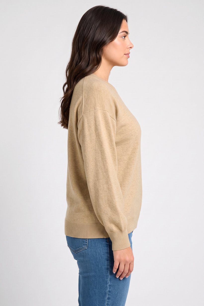 Women Crew Neck Long Sleeve Knitted Sweater, Beige