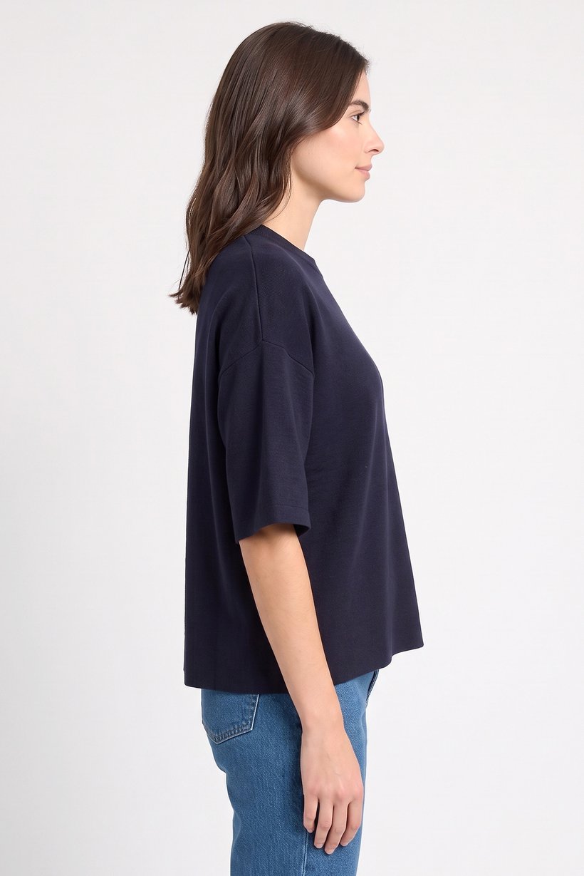 Women Mock Neck Short Sleeve Knitted T-Shirt, Navy Blue