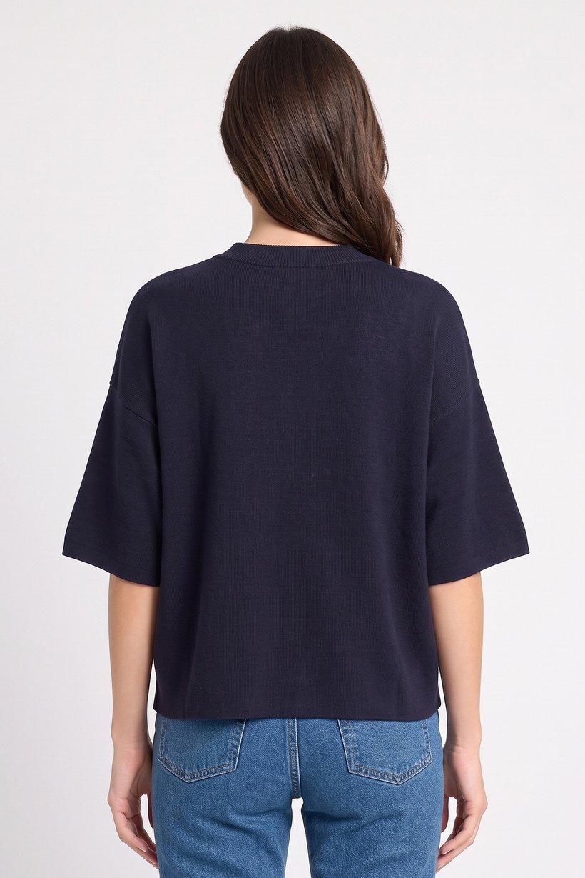 Women Mock Neck Short Sleeve Knitted T-Shirt, Navy Blue