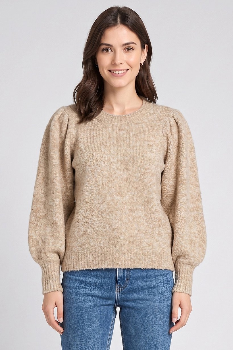 Women Crew Neck Textured Sweater, Tan