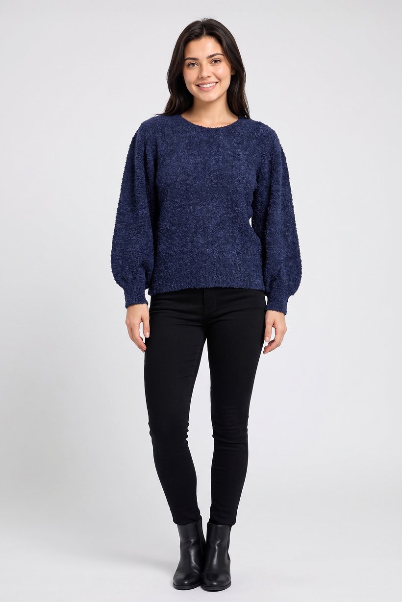 Women Crew Neck Textured Sweater, Navy Blue