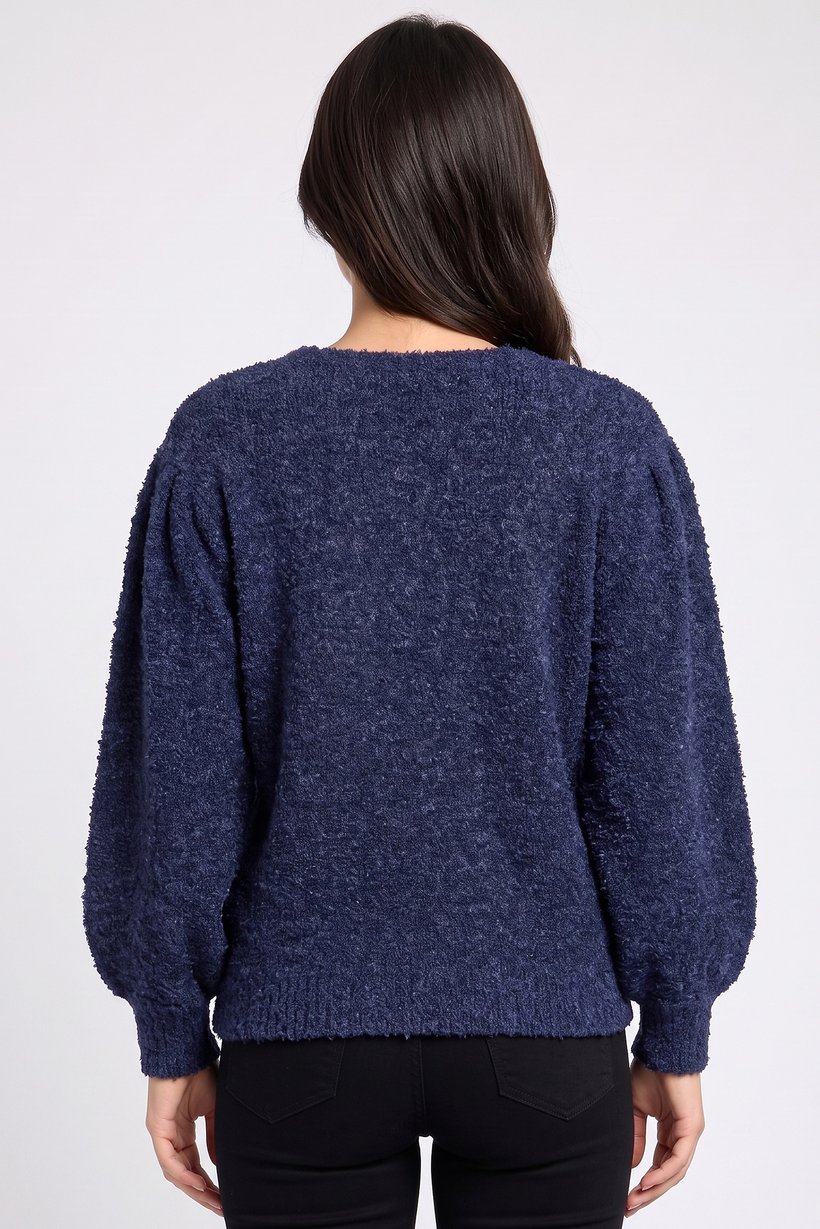 Women Crew Neck Textured Sweater, Navy Blue