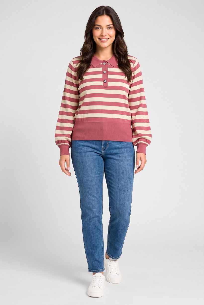 Women Spread Collar Stripe Sweater, Multicolor
