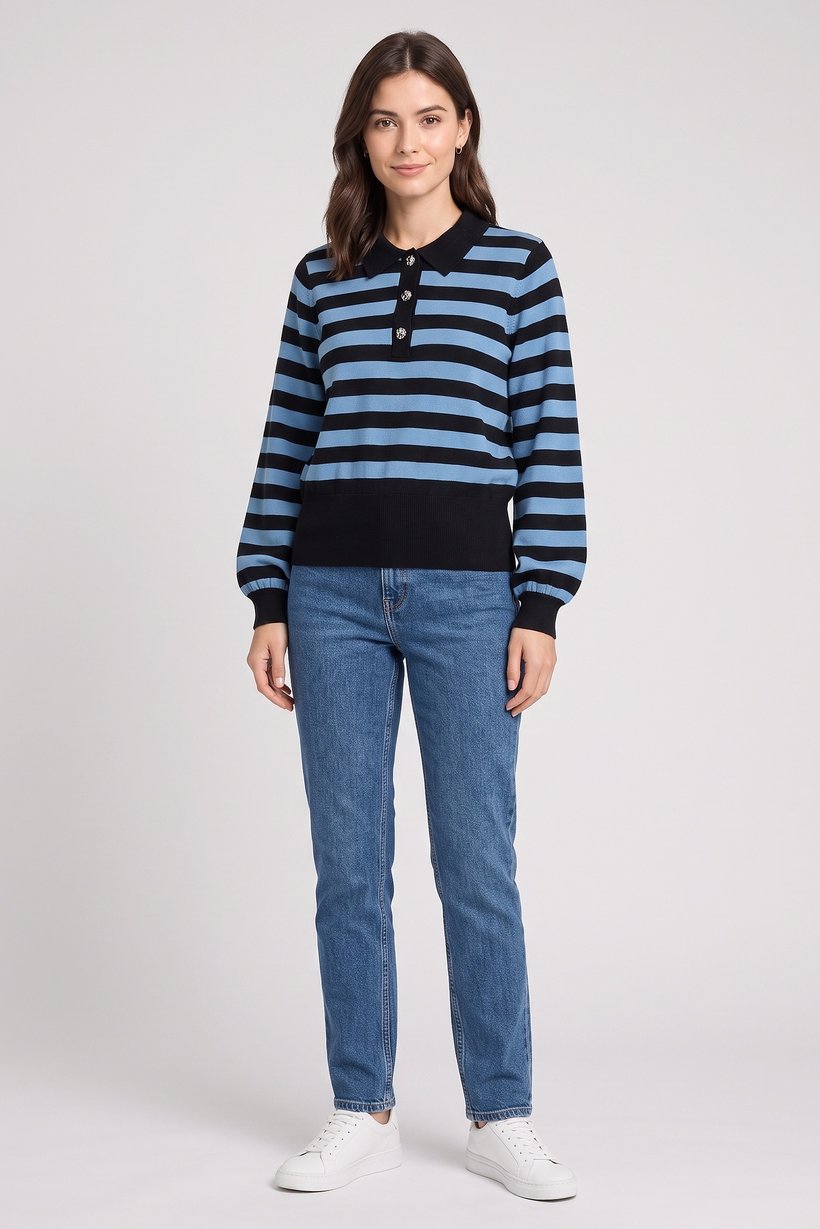Women Spread Collar Stripe Sweater, Multicolor