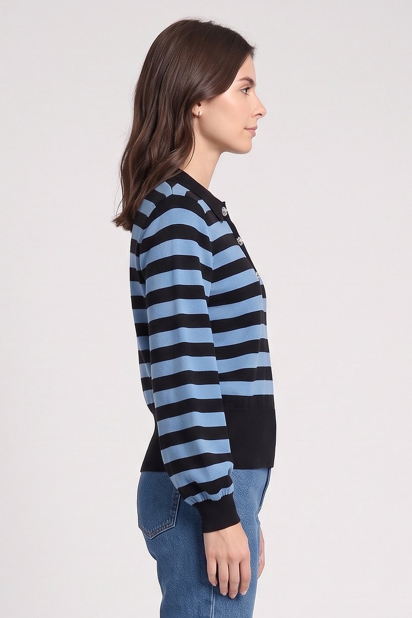 Women Spread Collar Stripe Sweater, Multicolor