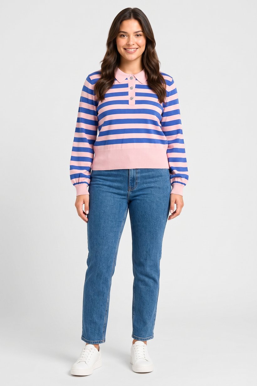 Women Spread Collar Stripe Sweater, Multicolor