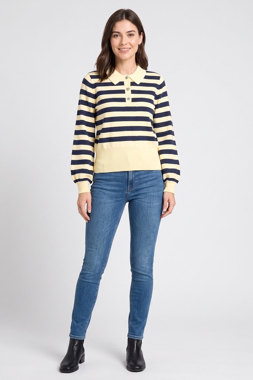 Women Spread Collar Stripe Sweater, Multicolor