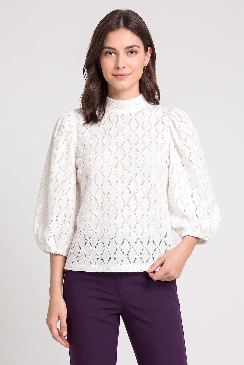 Women Mock Neck Balloon Sleeve Eyelet Blouse, White