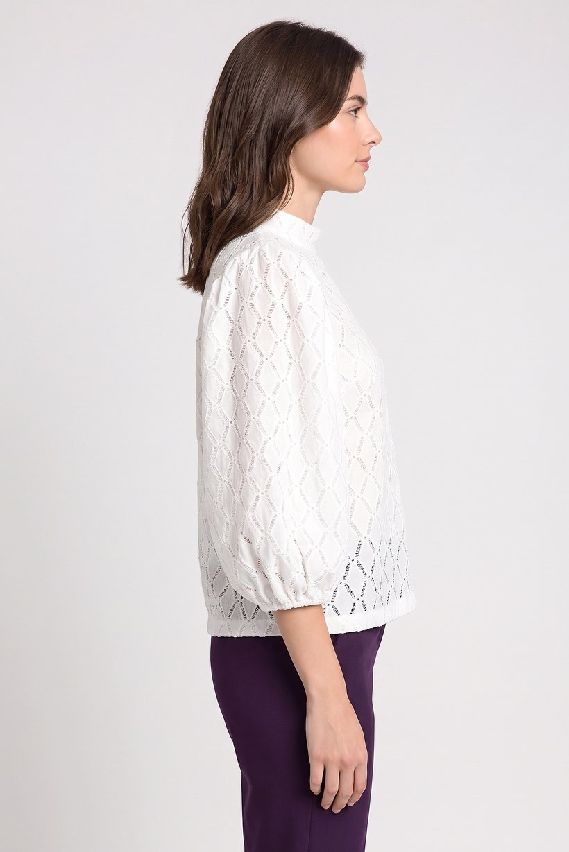 Women Mock Neck Balloon Sleeve Eyelet Blouse, White