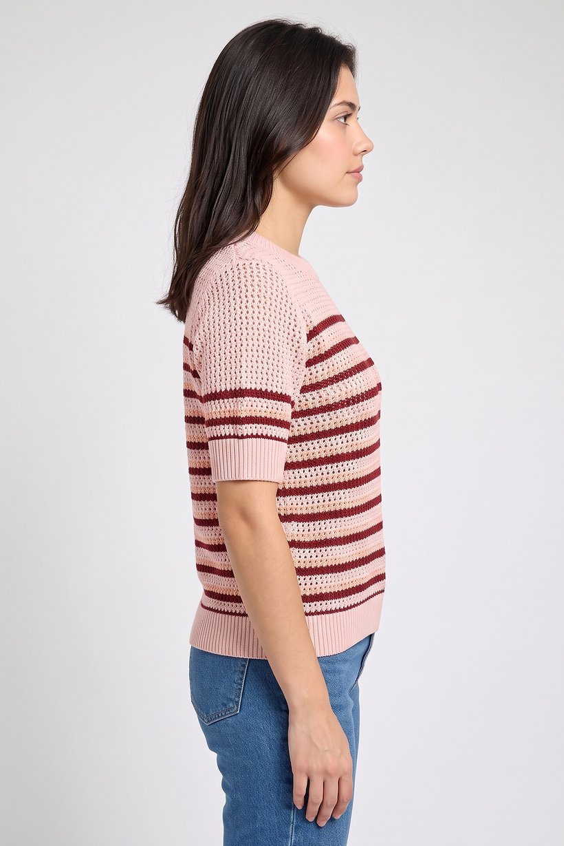 Women Crew Neck Eyelet Sweater, Multicolor