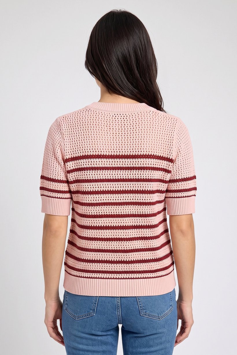 Women Crew Neck Eyelet Sweater, Multicolor