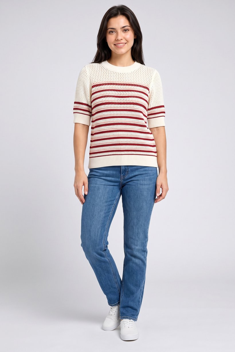Women Crew Neck Short Sleeve Eyelet T-Shirt, Multicolor