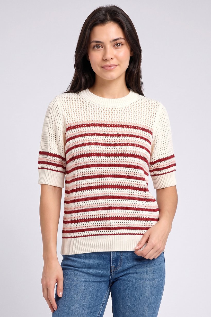Women Crew Neck Short Sleeve Eyelet T-Shirt, Multicolor